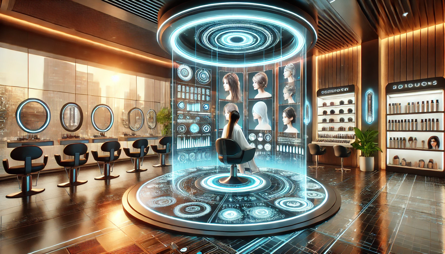 A futuristic beauty salon with AI-powered tools offering personalized recommendations 