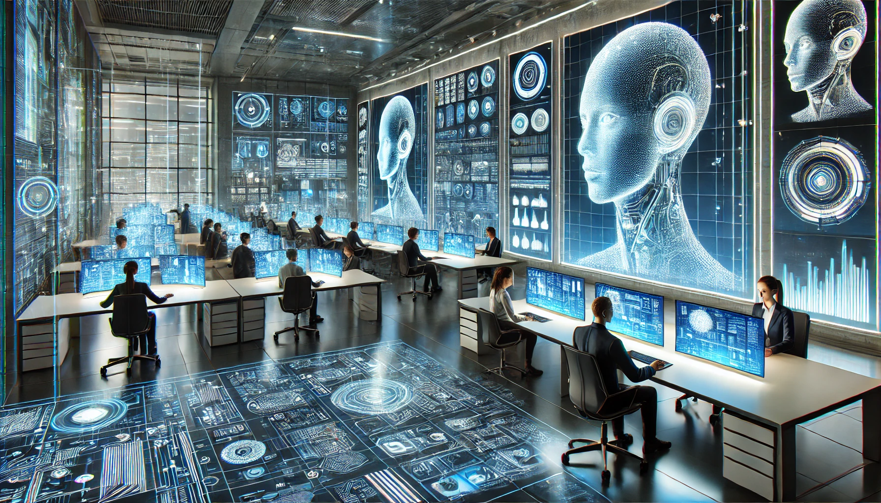 A futuristic call center with AI-powered virtual agents revolutionizing customer service