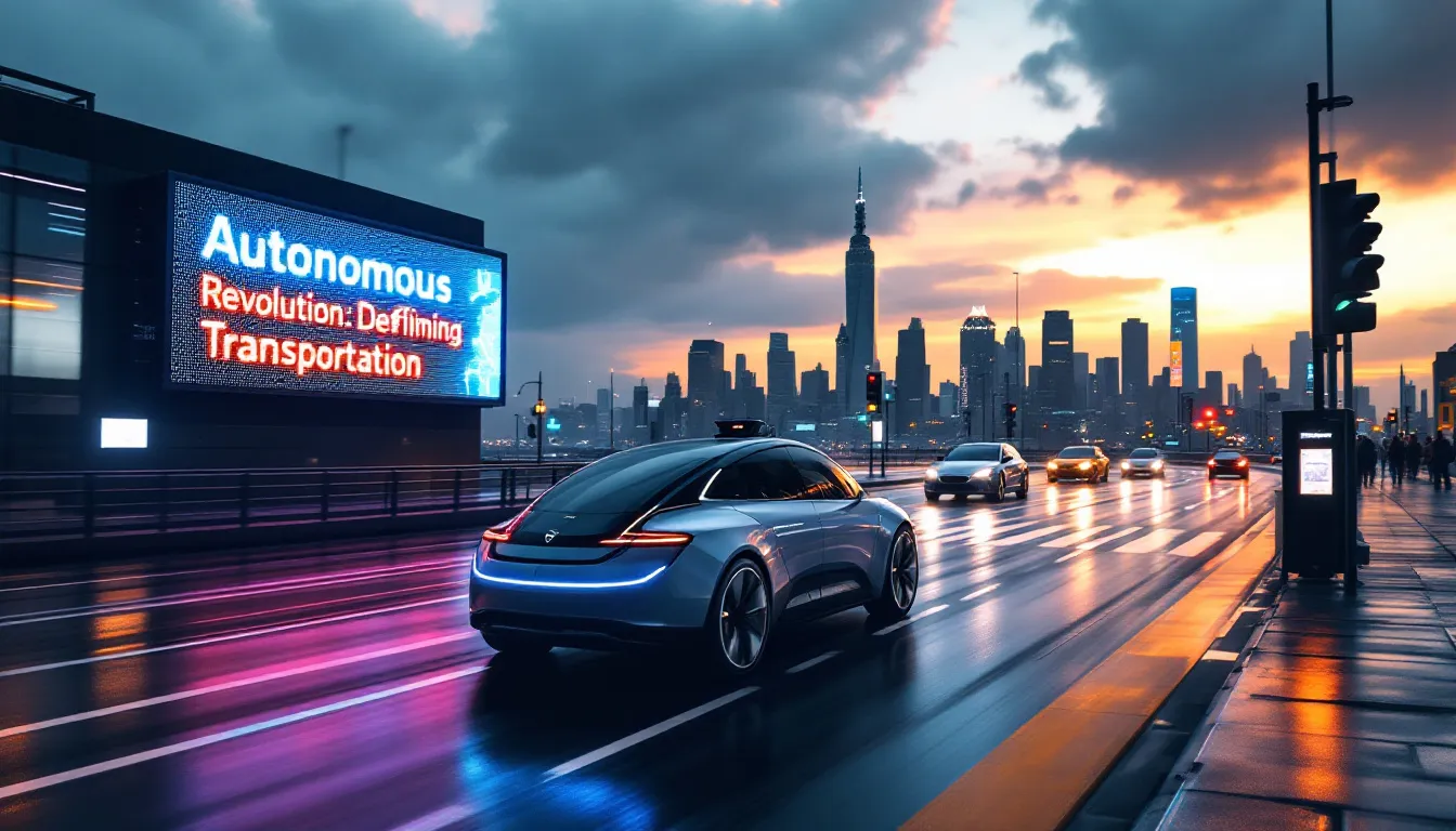 The image depicts a futuristic cityscape with autonomous vehicles navigating the streets, showcasing the integration of artificial intelligence in transportation. These self-driving cars utilize real-time sensor data and advanced machine learning algorithms to enhance safety and improve traffic flow, representing a fundamental shift in the automotive industry.