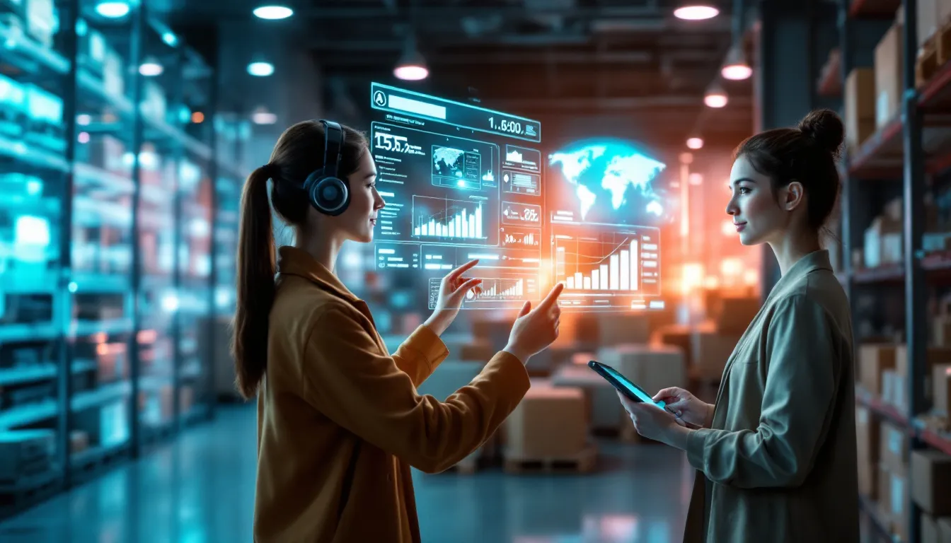 In this image, a modern warehouse environment is depicted, showcasing advanced inventory management systems powered by artificial intelligence. The visual highlights the use of predictive analytics and machine learning to optimize supply chain operations, improve inventory accuracy, and enhance customer satisfaction through accurate demand forecasting and real-time inventory visibility.