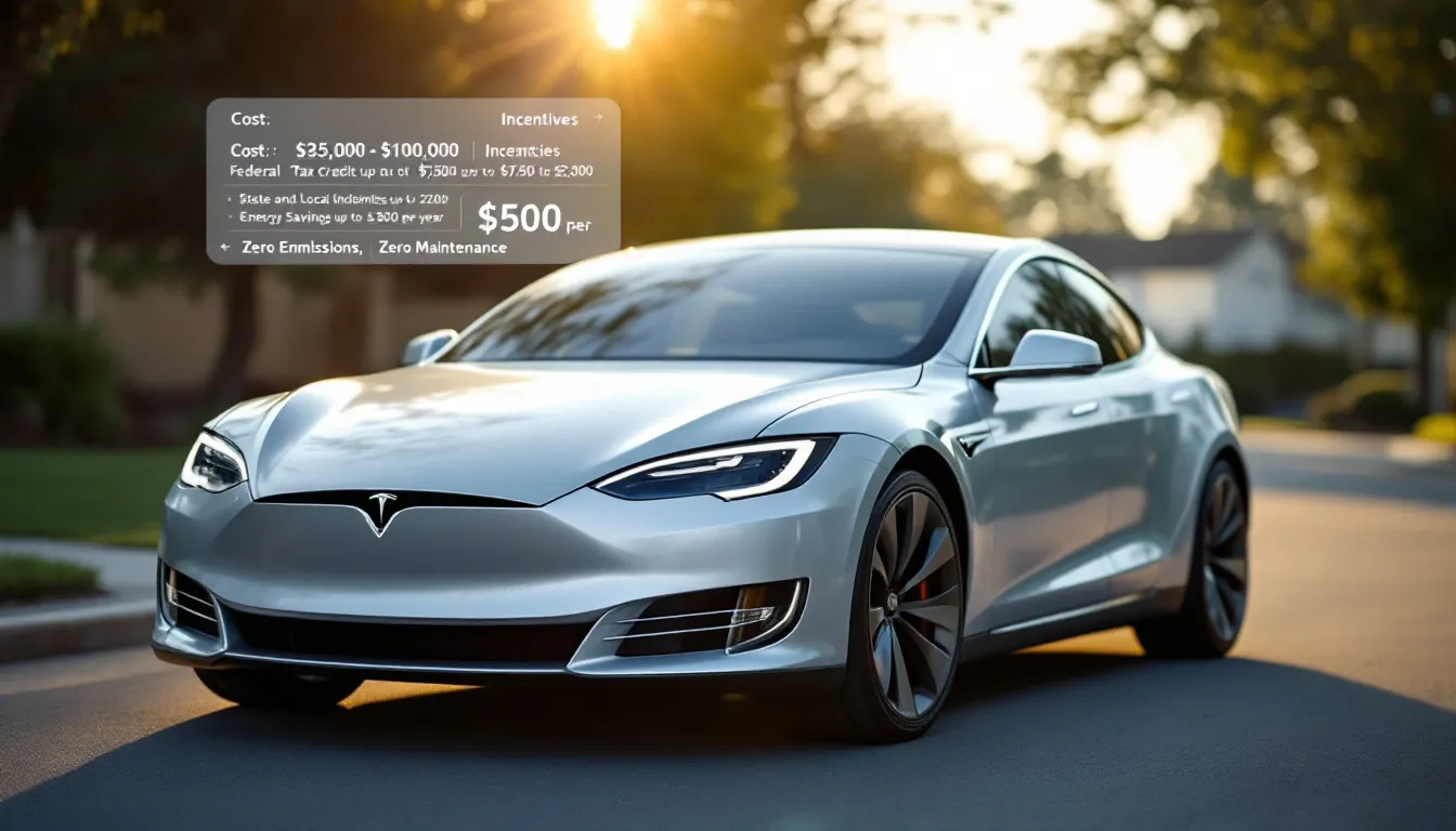 In the image, various electric vehicles are showcased alongside information about costs and incentives for electric car buyers. The visual highlights the financial benefits of owning electric cars, including tax credits and lower electricity costs, while also emphasizing the advantages of electric motors and battery life compared to traditional gas engines.