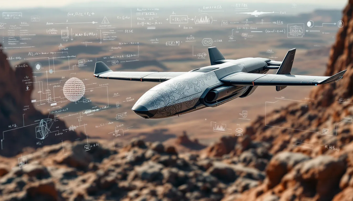 The image depicts various unmanned aerial vehicles (UAVs) equipped with advanced artificial intelligence (AI) capabilities, showcasing their applications in environmental monitoring and search and rescue operations. These AI-powered drones utilize machine learning algorithms and computer vision for data collection and analysis, highlighting the significant challenges and innovations in drone technology.