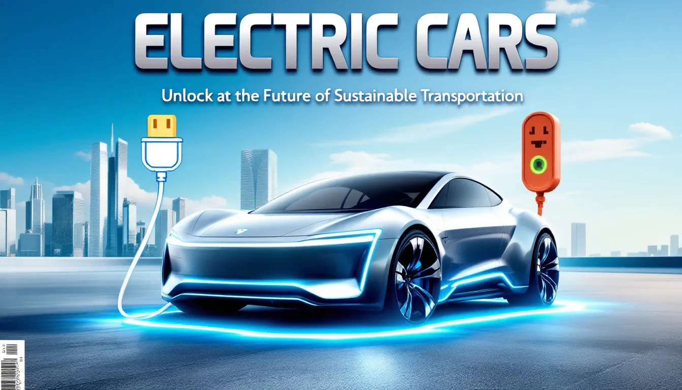 An informative cover image for "Electric Cars: The Complete Buyer's Guide 2025," featuring various electric vehicles, including a Tesla and a Nissan Leaf, alongside symbols of charging stations and battery icons, emphasizing the transition to electric motors and the benefits of electric car ownership for potential buyers.