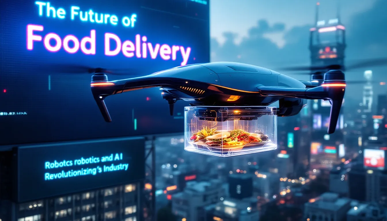 In a futuristic setting, a delivery driver is seen using an advanced food delivery app powered by artificial intelligence, showcasing features like optimized delivery routes and personalized recommendations based on customer preferences. The scene emphasizes the integration of AI technologies in the food delivery industry, highlighting the potential for efficient delivery logistics and enhanced customer satisfaction.