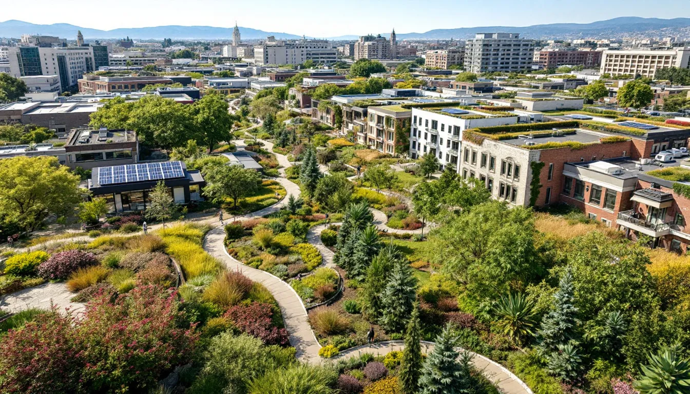 In the image, urban planners are implementing green infrastructure, such as fire-resistant landscaping and green spaces, to create defensible spaces that help mitigate wildfire spread in urban areas. This approach aims to reduce wildfire risks and enhance community resilience against rising temperatures and drought conditions.