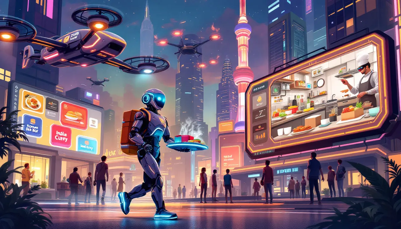 An illustration depicting the future of AI in food delivery, showcasing innovations such as autonomous delivery vehicles and AI-powered apps that optimize delivery routes based on customer preferences and traffic patterns. This image highlights advancements in the food delivery industry aimed at enhancing customer satisfaction and operational efficiency.